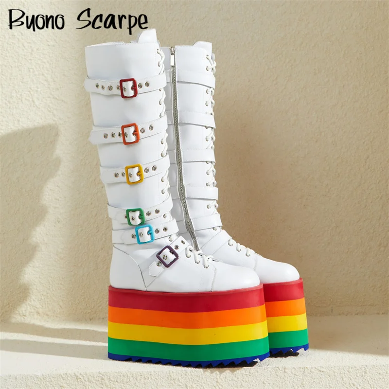 Platform Women Rainbow Boots Autumn Winter Genuine Leather Boots Zipper Gothic Shoes Spicy Girls Dancing Club Shoes Runway Heels