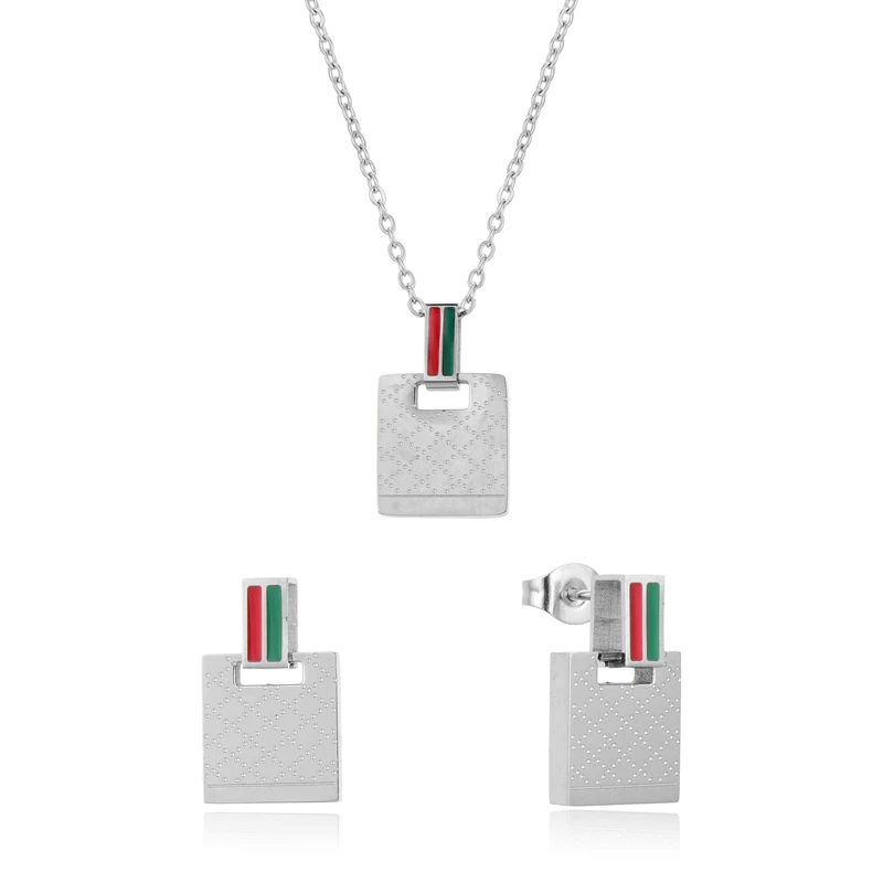 FYSARA Lastest Fashion Female Woman Stainless Steel Jewelry Set Gold Square Pendant Necklace Charm Green & Red Earrings Gifts