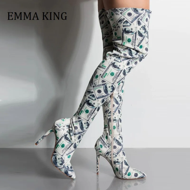 Sexy Money Bag Thigh High Boots Ladies Over the Knee Boots Chic Stretch Knit Pointe Toe Sexy Female Boots Botas Bottine Femme