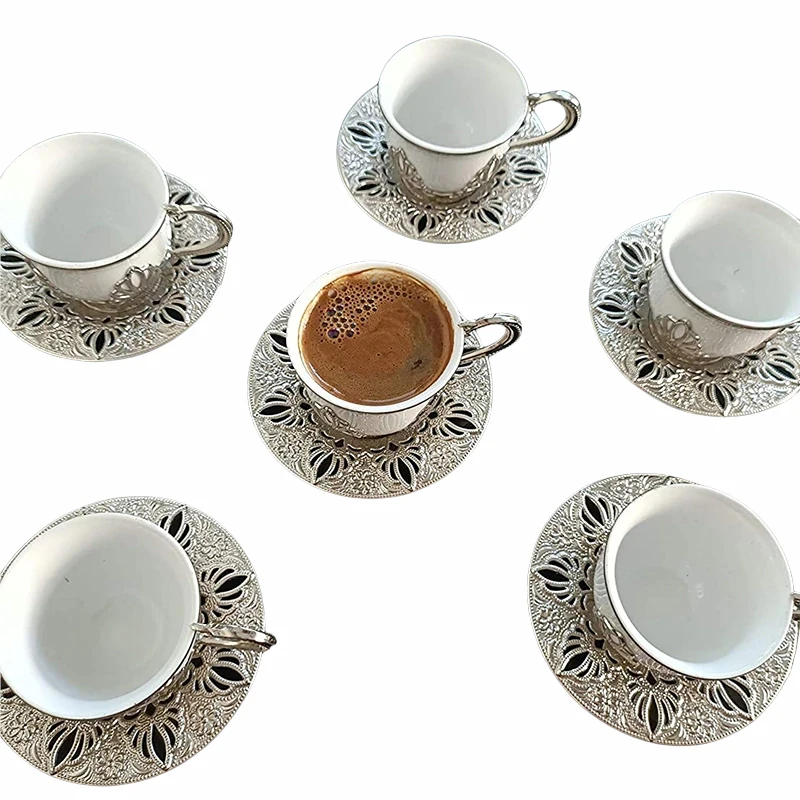 Turkish Coffee Cups Set of 6 and Saucers 3 Ounce Luxury Porcelain Greek Arabic Espresso Demitasse Porcelain Cup Sets for Serving