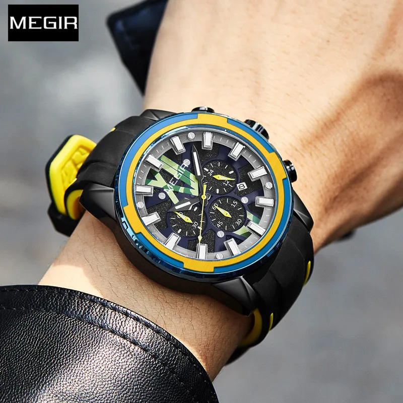 

MEGIR Men Fashion Military Sport Chronograph Quartz Watches Silicone Strap 24-Hour Wristwatch часы Relogio Reloj 3D Stereo Dial