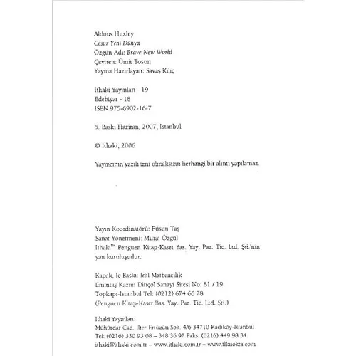 عالم جديد شجاع-ألدوس هوكسلي الخيال العلمي رائع sürükleyici بائع الرواية التركية