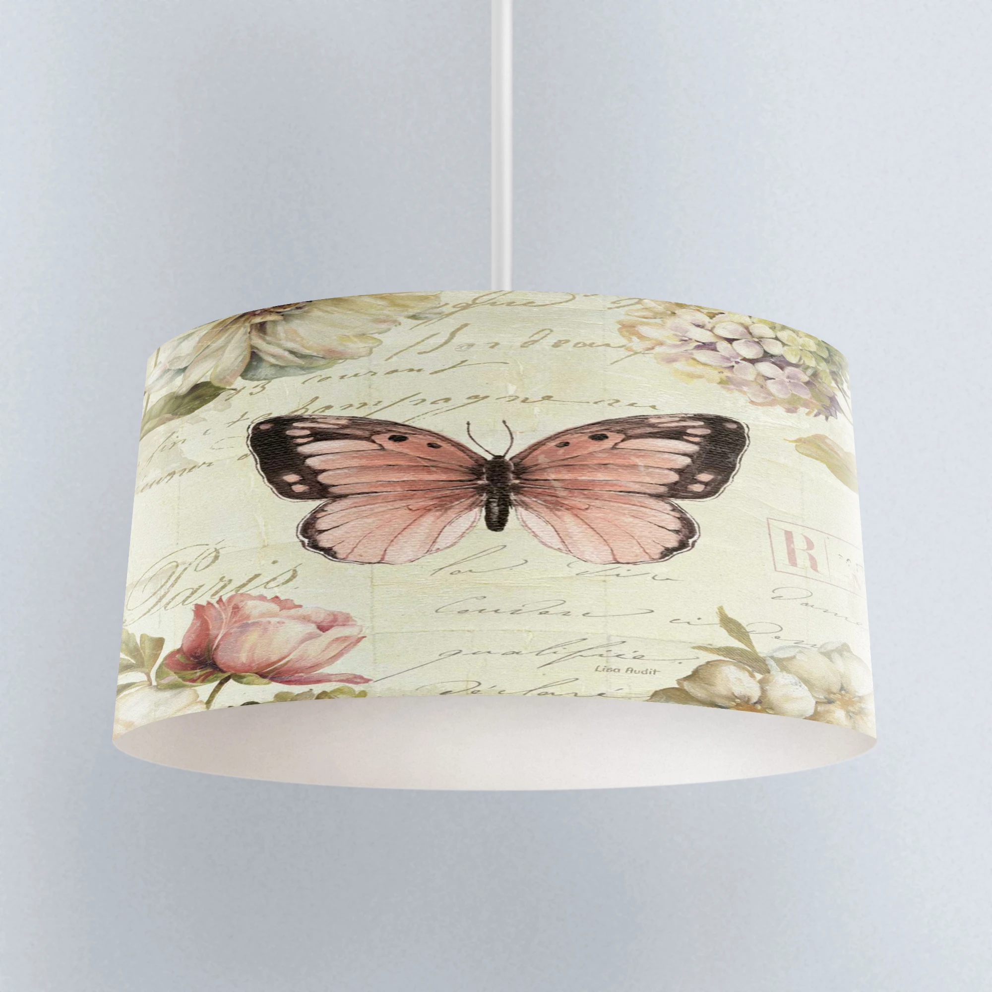 

Else Retro Pink Butterfly Vintage Writen Digital Printed Fabric Chandelier Lamp Drum Lampshade Floor Ceiling Pendant Light Shade