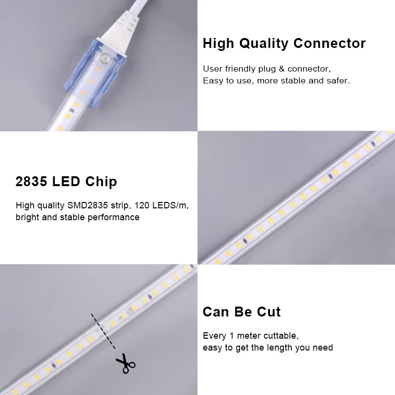 220V LED Strip 120LEDs/m 2835 Waterproof High Brightness LED Strip Lights Flexible High Safety Kitchen Outdoor Lighting Led Tape