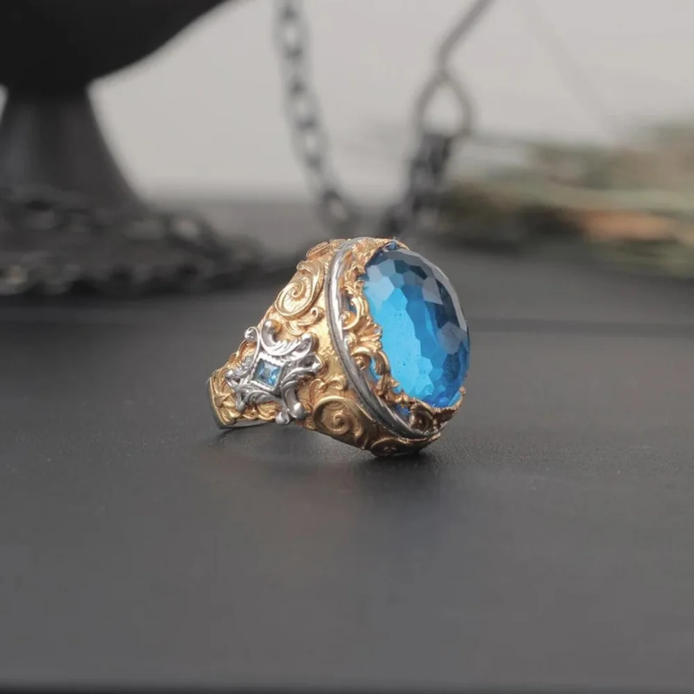 Exclusive Jewelry Blue Aqua Marine Gemstone Rhodium Plated 925K Sterling Silver Ring Handmade Gift For Man 2022 Fashion