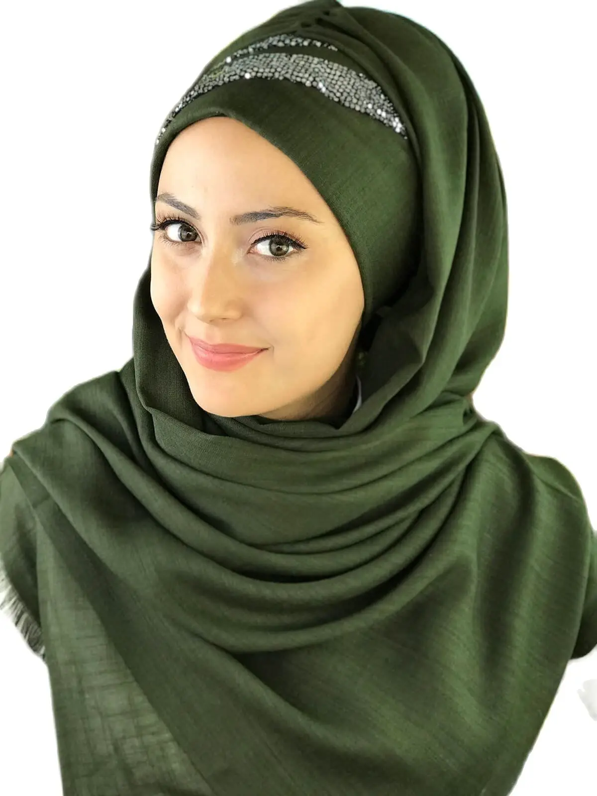 2022 New Fashion Hijab Women Muslim Islamic Turban Scarf Hat Foulard Single Sequin Sequined Detailed Dark Green Ready Made Shawl