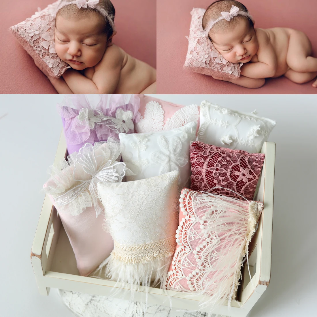 Newborn Photography Props Basket Stuffer Lace Filled Mini Pillow for Bebe Accesorios Reborn Baby Doll Posing Cushion Ded Layer