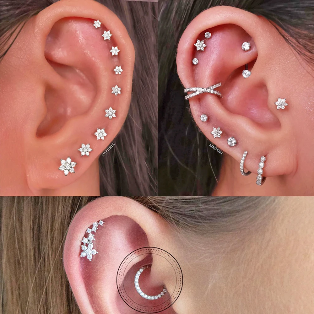 1PC Surgical Steel Cz Ear Tragus Cartilage Earrings Clear Zircon Flower Lobe Helix Earring Barbell Piercing Body Jewelry 20G