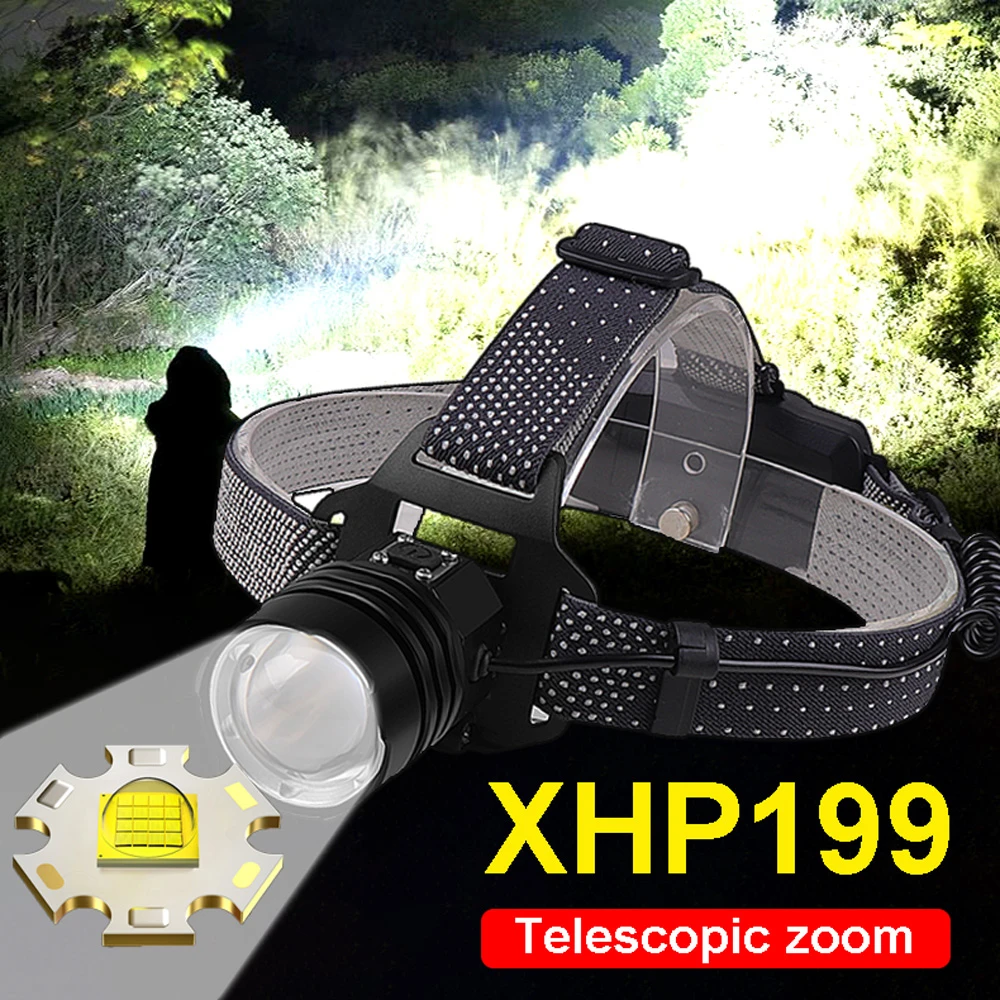 1000000 Lumens XHP199 LED Rechargeable Headlamp Super Bright Zoomable HeadLamps Waterproof Head Light for Camping Hiking Hunting