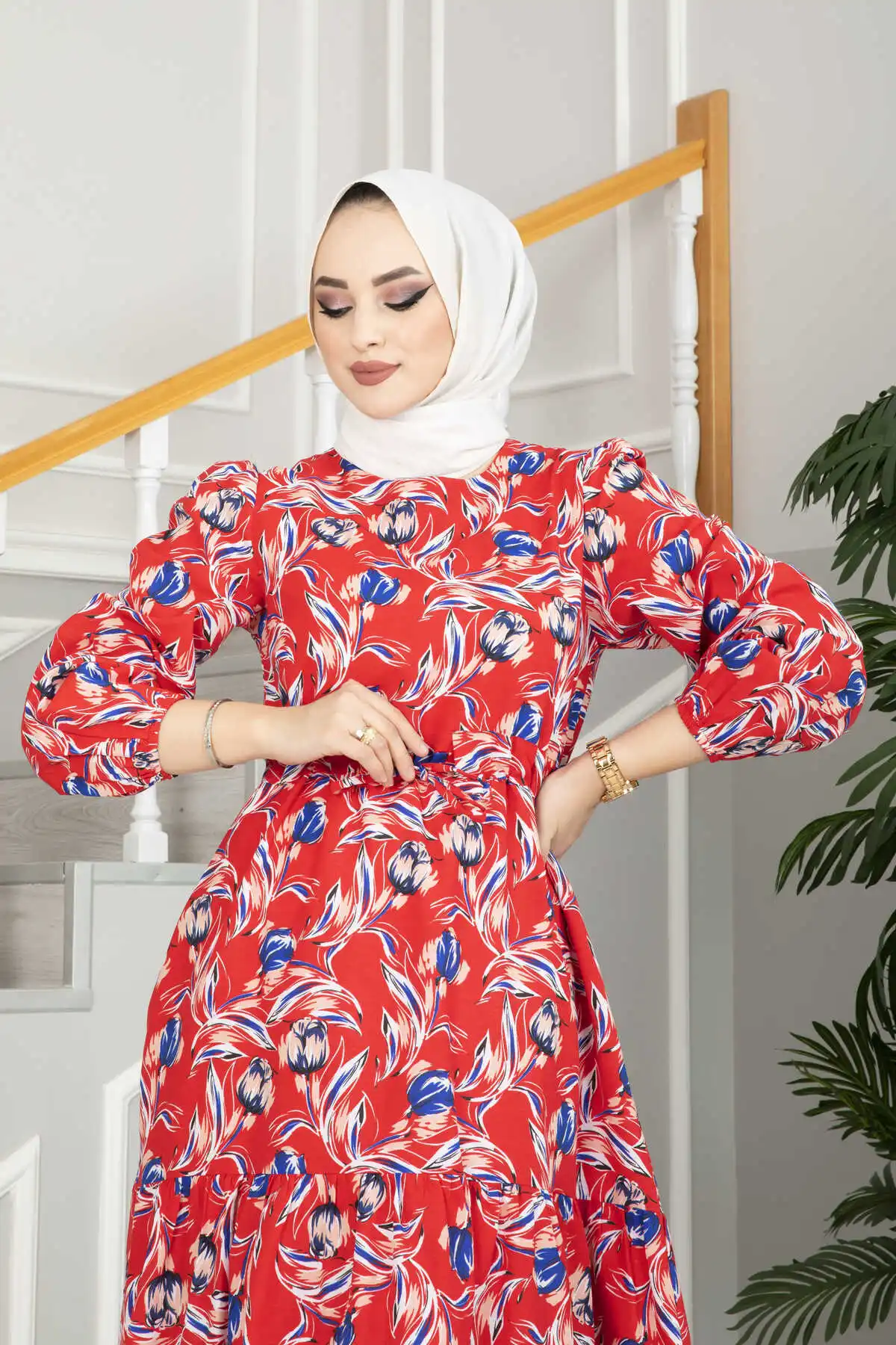 Women Tulip Patterned Dress Ramadan Spring Summer Muslim Kaftan Loose Vestidos Moroccan Long Maxi Casual Neck Abaya Hijab Femme