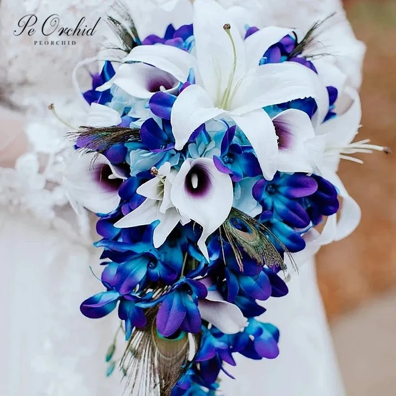 Peorchid praia azul roxo cascata buquê de noiva lírios orquídea artificial pavão pena lágrima casamento flores bouquet