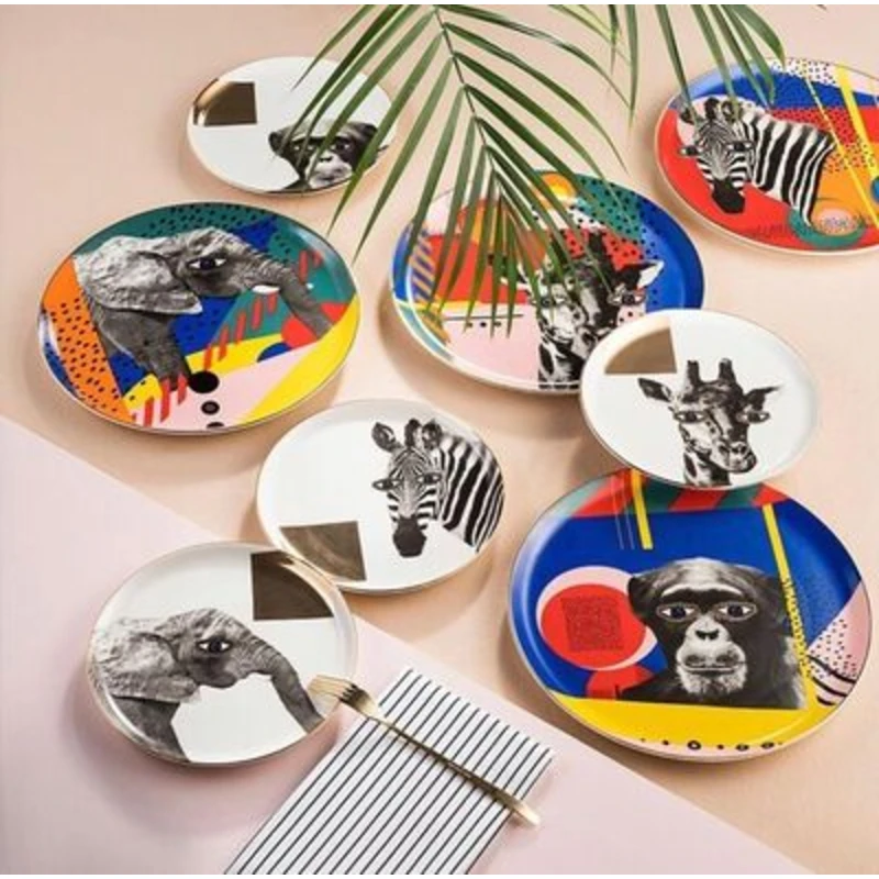 AN7 Wild Life Set 8 Pieces Porcelain Flat Plate  Breakfast Cake Pancake  Art Service Presentation Monkey Giraffe Elephant Zebra