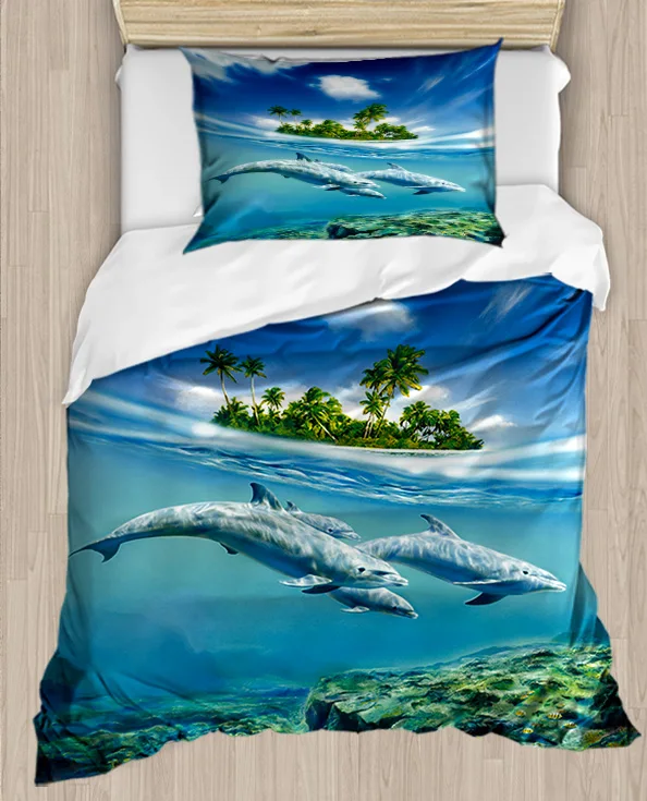 

Else Tropical Sea Island Dolphins Fishes 4 Piece 3D Print Cotton Satin Single Duvet Cover Bedding Set Pillow Case Bed Sheet