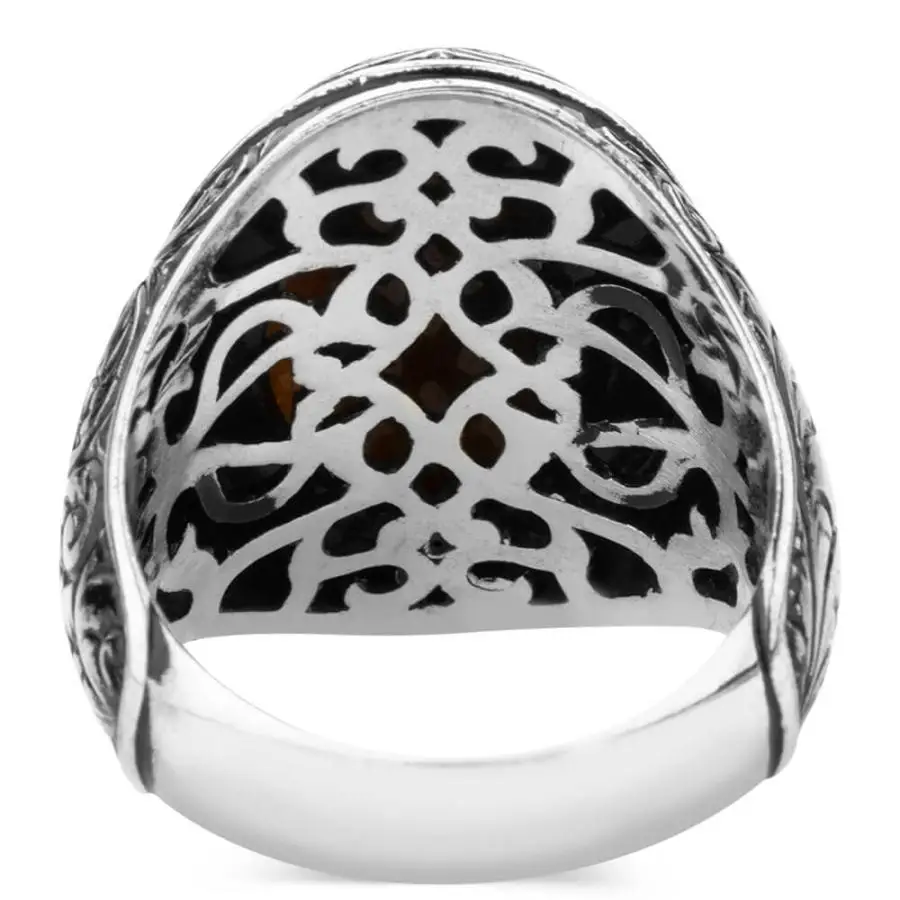 Intricately Inlaid Silver Mens Ring with Brown Tigereye Stonework Fashion Turkish Premium Quality Handmade Jawelery