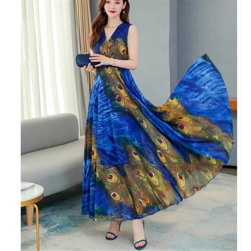 

2020 Korean summer new fashion temperament V-neck sleeveless waistband was thin chiffon floral elegant dress