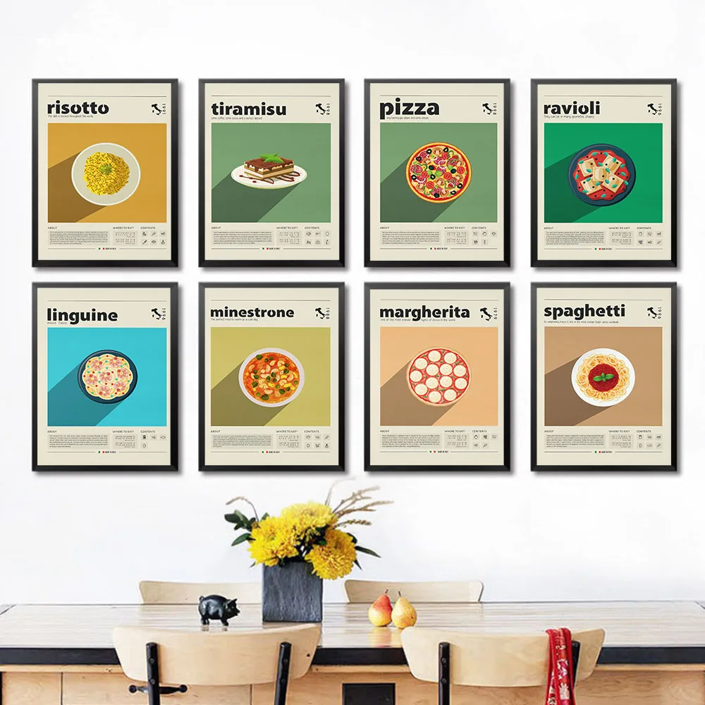 Italian Food Poster Tiramisu Pizza Pasta Risotto Margherita Canvas Painting Wall Picture Restaurant Kitchen Home Wall Decor