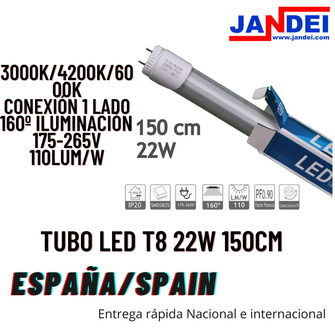 JANDEI led tube 150cm T8 22W 6000K/4200K/3000K 220V connection 1 side 175-265V fluorescent led ceiling tube neon led 150cm