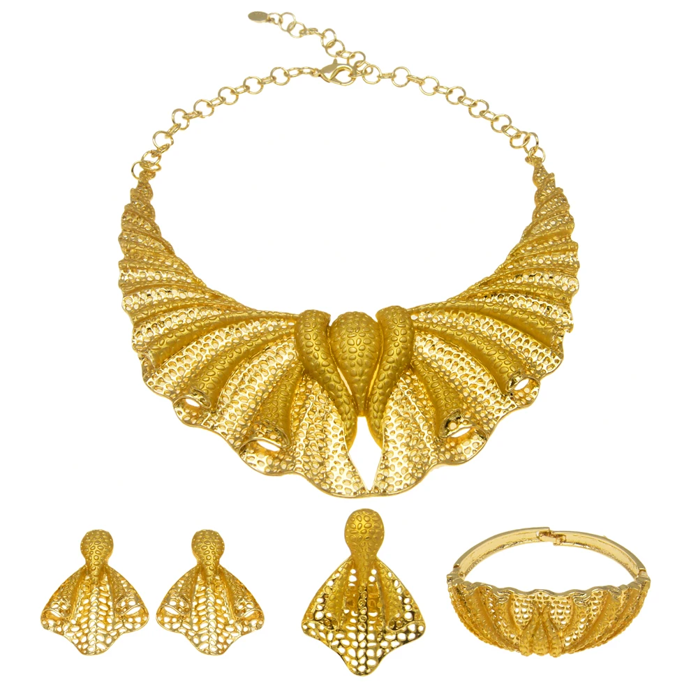 

Italian Gold Color Jewelry Women Dubai Gold Plated Necklace Earrings Set Fashion Bracelet Rings Memorial Gift