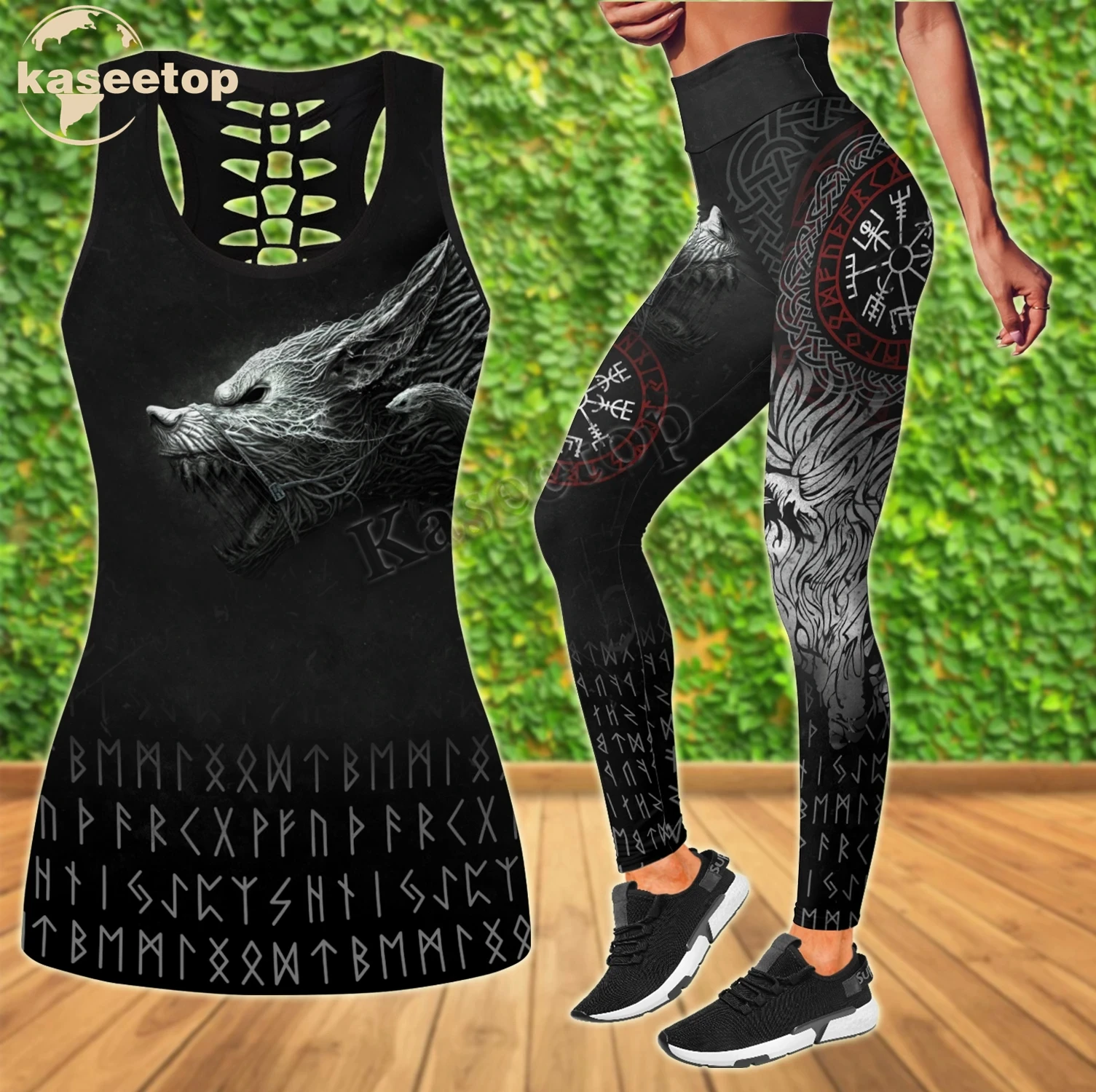 Kaseetop  3D Fenrir Viking Monsters Two Piece Yoga Set Women 3D Print Vest Hollow Out Hollow Tank & Legging Outfit Summer LK115