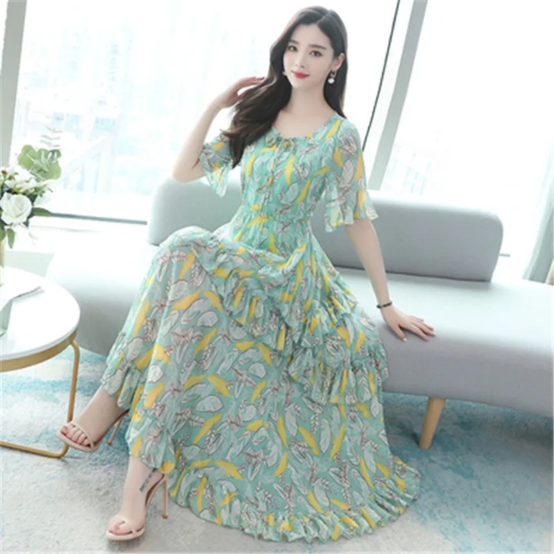 

2020 summer new chiffon dress popular floral fairy sensation femininity long section O-neck short-sleeved dress female
