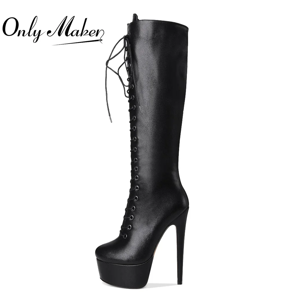 

Onlymaker Women Platform Front Lace-Up High Heel Stiletto Stretch Over The Knee High Boot Cool Winter Warm Woman Sexy Boots