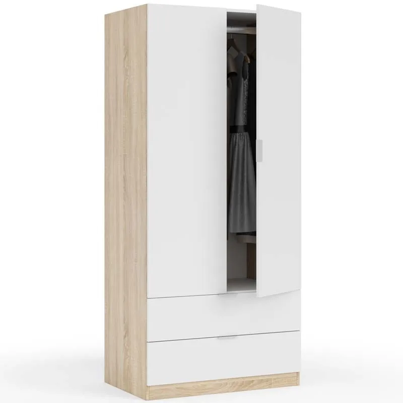 2 drawers youth bedroom wardrobe, 2 doors large cabinets, white and oak wardrobe, bedroom wardrobe. Measures: 82x52x180 cm