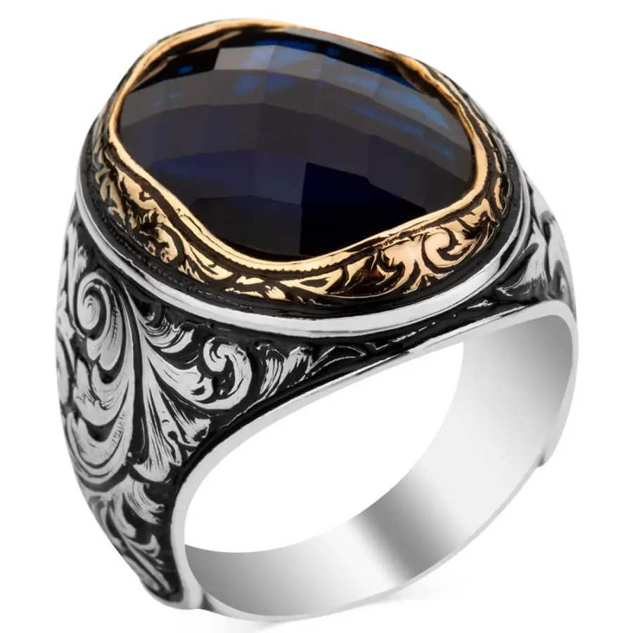 Sterling Silver Intricately Inlaid Mens Ring with Blue Zircon Stone Fashion Turkish Premium Quality Handmade Jawelery