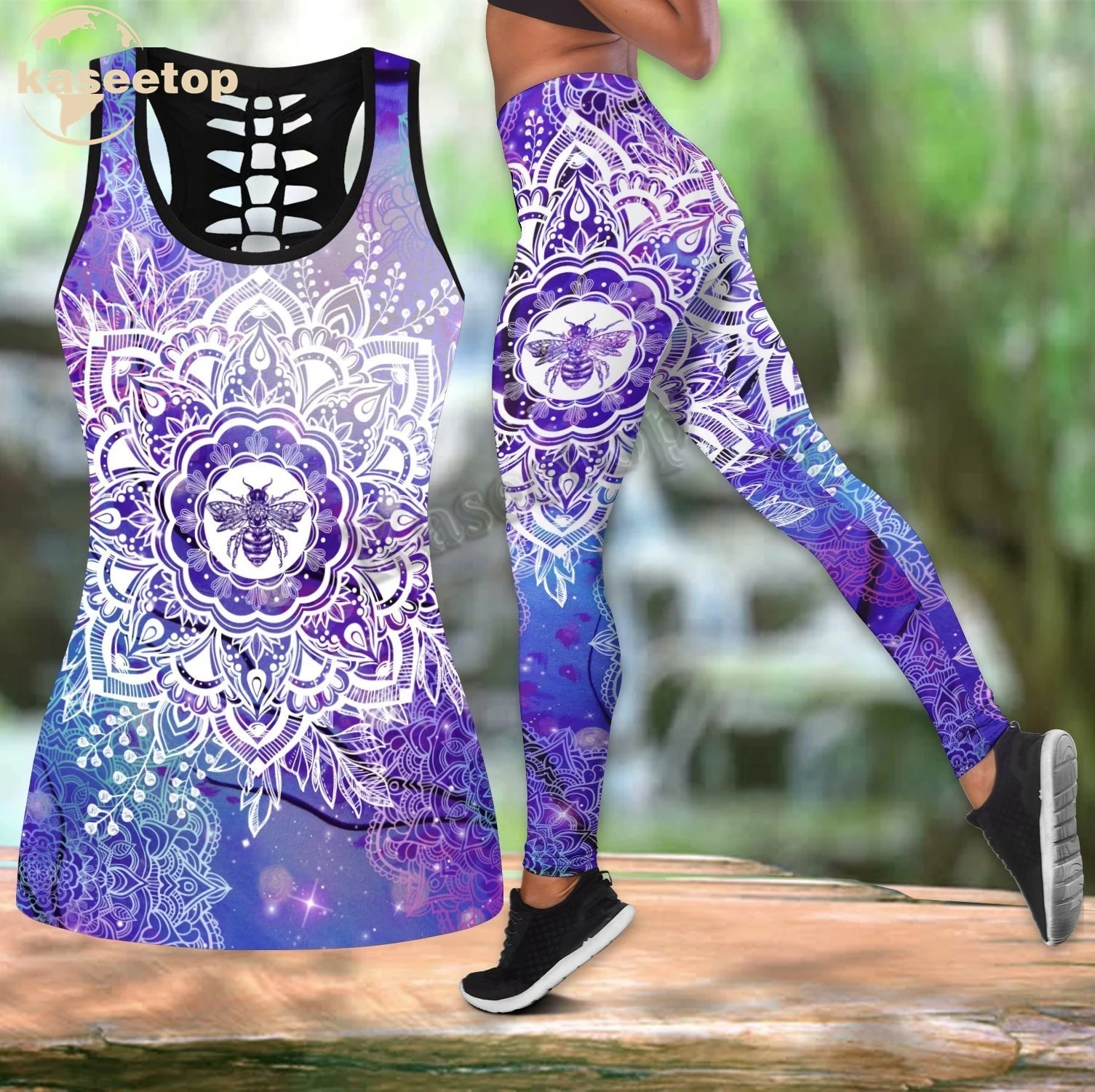 Kaseetop 3D Love Bee Mandala Combo Two Piece Yoga Set Women 3D Print Vest Hollow Out Hollow Tank & Legging Outfit Summer LK133