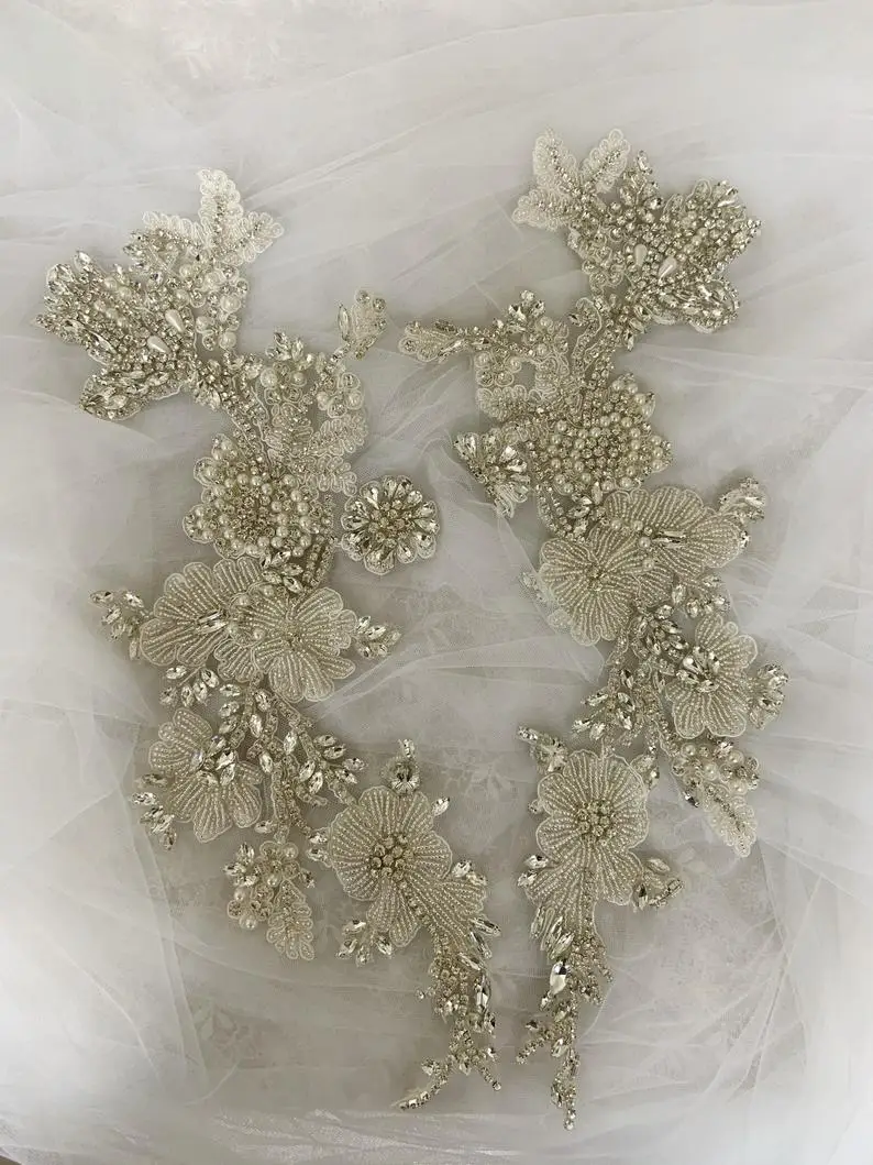 1pair Silver Rhinestone Applique French Bead Bodice Patch Bead Applique For Couture Costume Bridal Dress Ball Gown