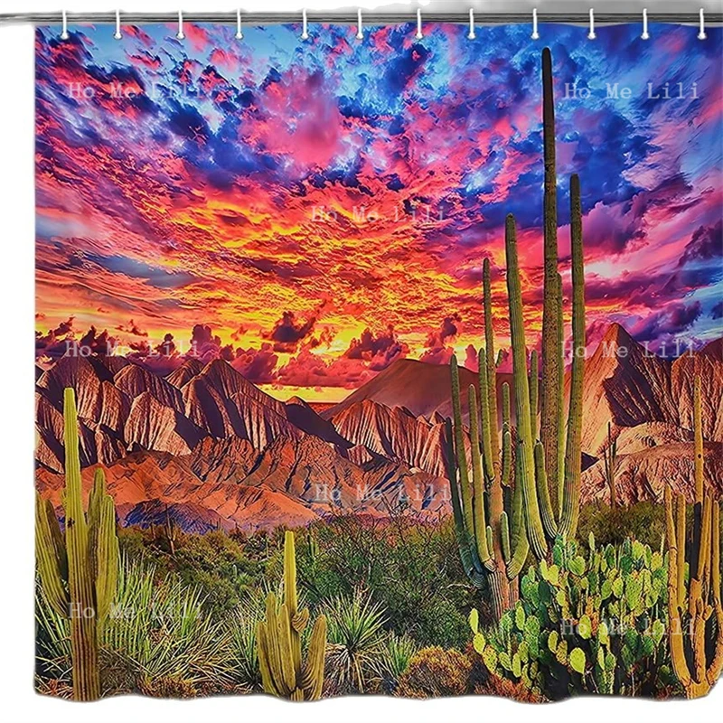 Cactus Sunset Shower Curtain Succulent Plant Cacti Burning Cloud Sky Mountain Western Texas Scene Bathroom Decor With Hooks