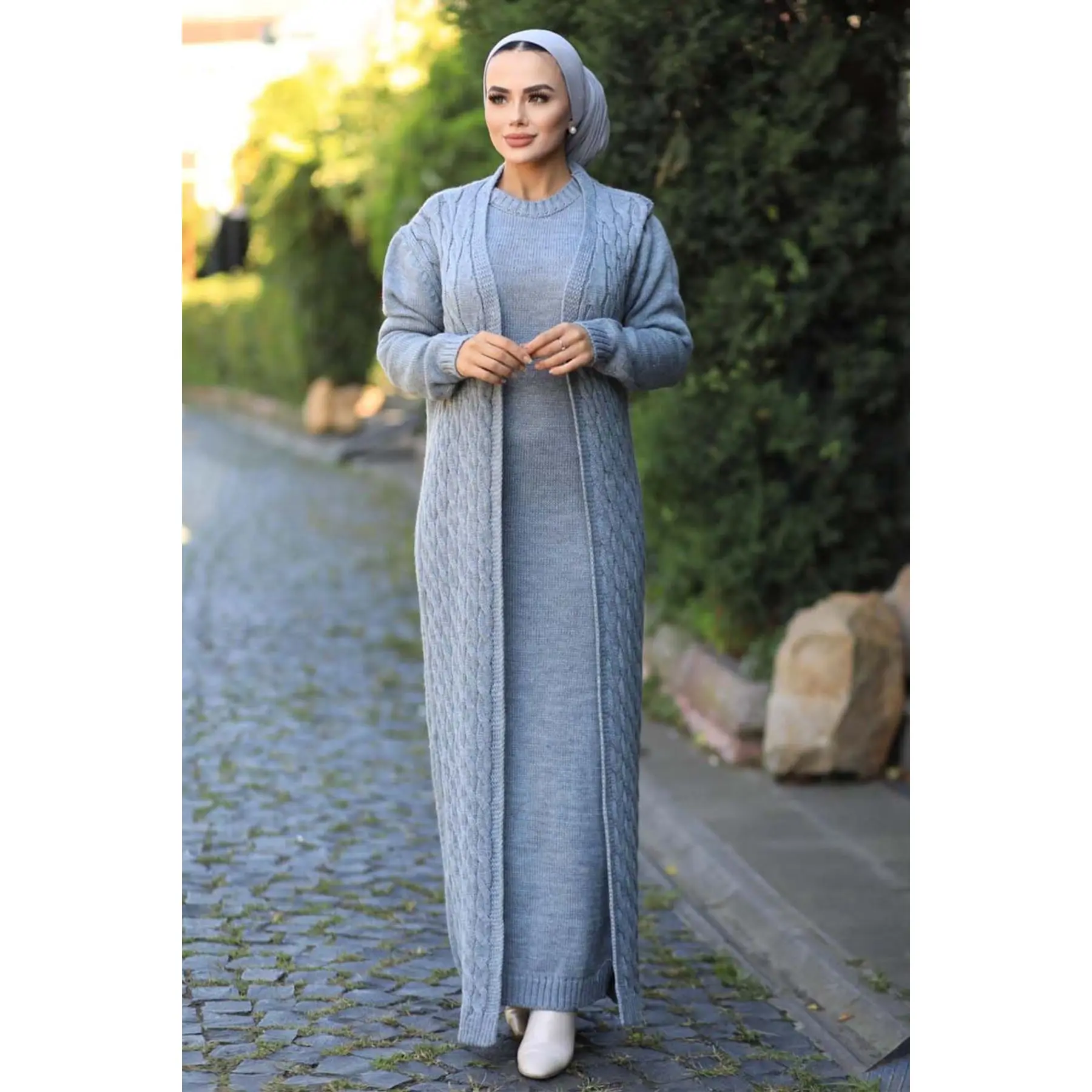 2 Piece Women's Set Embroidery Patterned Knitwear Maxi O-Neck Dress and Maxi Cardigan Long Sleeve Turkey Muslim Fashion 2021