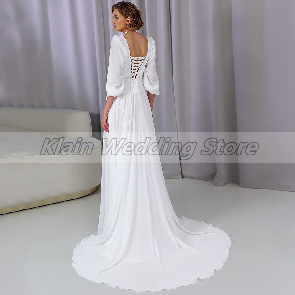 Customized Ladies A Line Chiffon Wedding Dress With 3/4 Sleeves Illusion V Neck Crystal Lace Up Back Bridal Gown Court Train