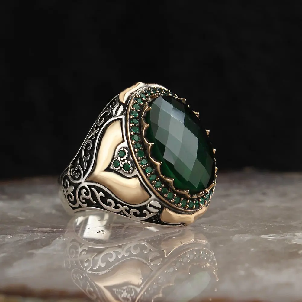 Green Zircon Cubic Zirconia Men 'S Silver Ring