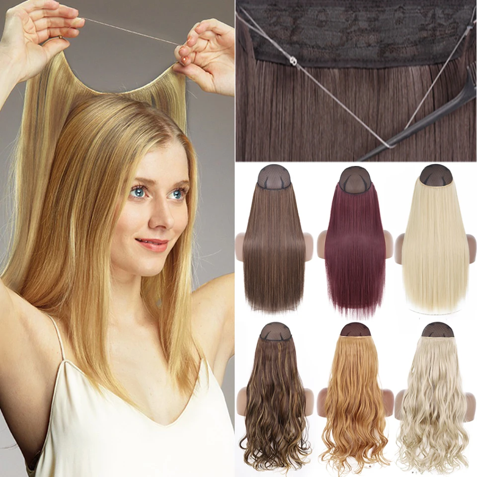 Extensión de cabello sintética MERISIHAIR sin clip, con hilo invisible, lisa, negra y rubia, una pieza