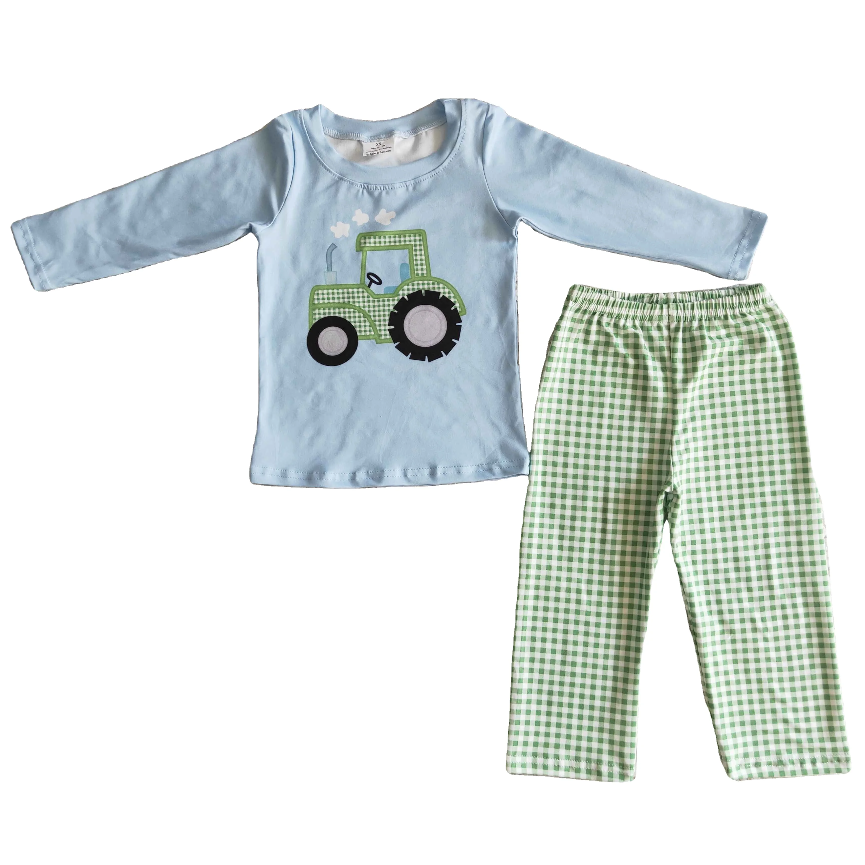 Boutique design baby boy farm cart printing sky blue long-sleeved business green and white plaid printed trousers kids 2pcs