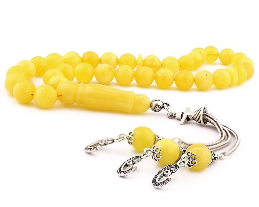 

Yellow Amber Prayer Drop With Silver Men Rosary With Silver Tassel Islamic Tasbih With Arabic Letter Vav Tassel 925k Silver