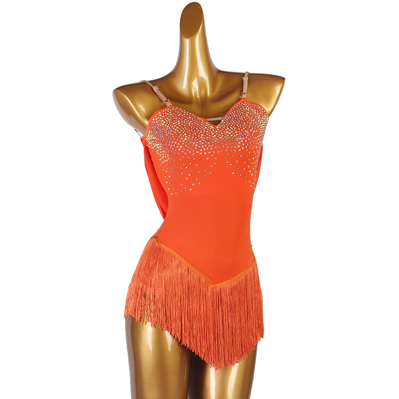 orange fringe Figure Skating Dress Women girl Ice Skating Dress Gymnastics Costume custom crystal rhinestone B056