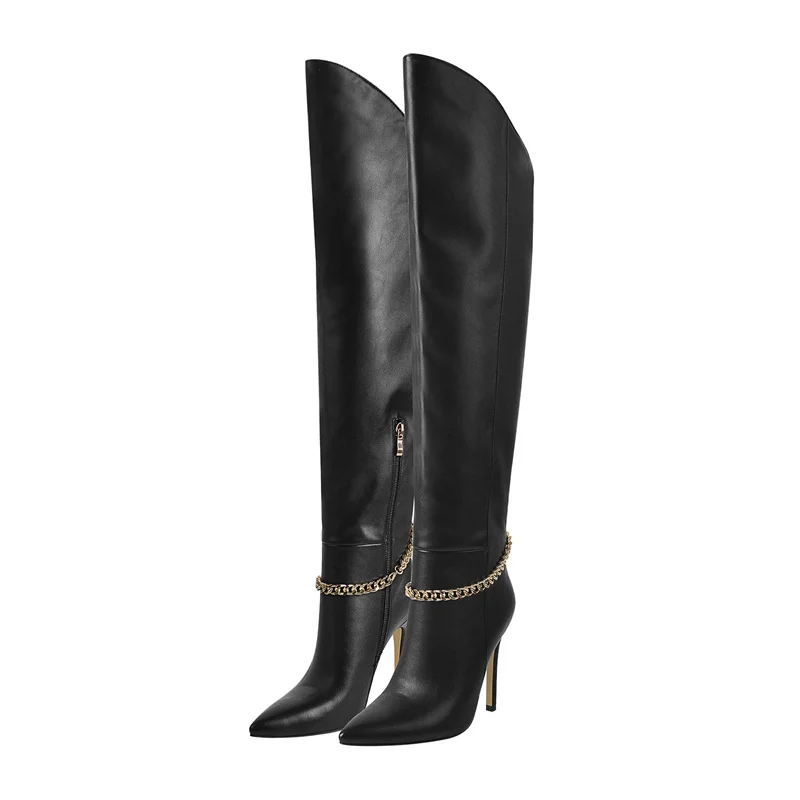 Onlymaker Woman Over The Knee Boots Pointed Toe Thin High Heels Matte Black Metal Chain Zipper Big Size Boots Shoes