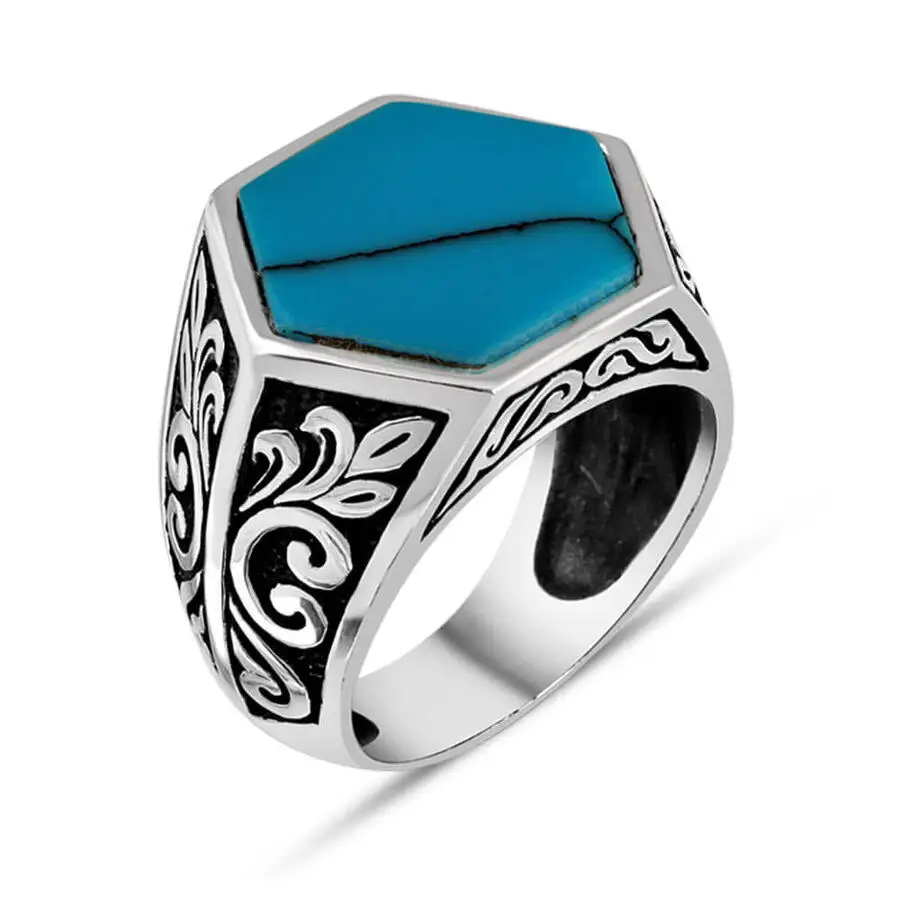 

Hexagonal Turquoise Turquoise Stone Flower Motif Silver Men's Ring Fashion Turkish Premium Quality Handmade Jawelery