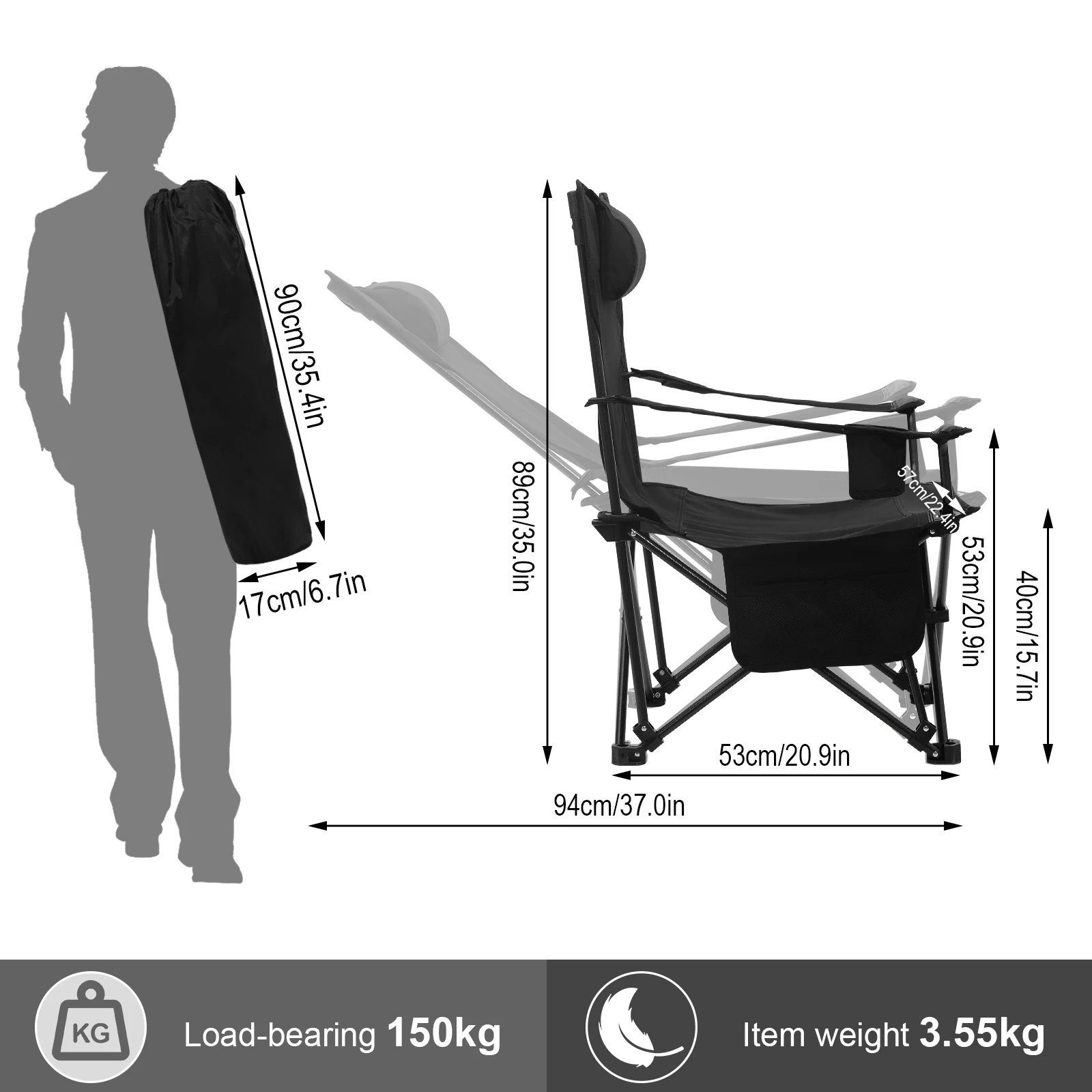 Silla plegable para acampar, silla ligera para exteriores, silla de pesca con reposacabezas, portavasos, bolsa de transporte para senderismo,