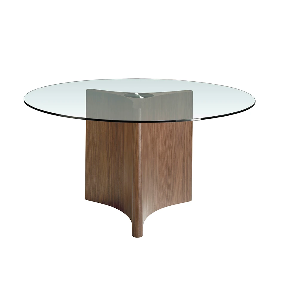 Dining table 1094 Angel Cerda-round dining table with tempered glass and walnut pine wood.