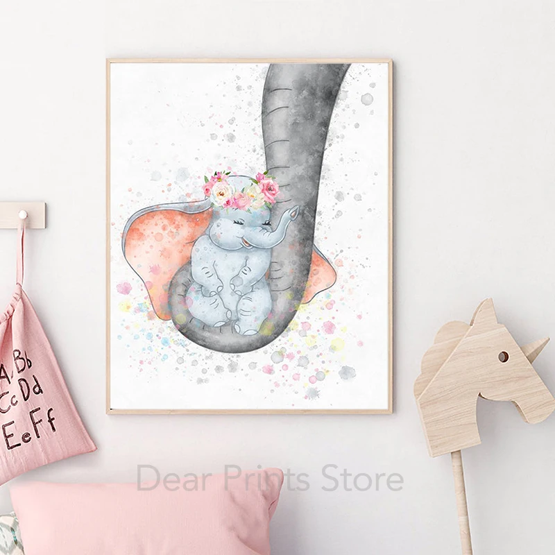 Baby Elephant with Mum's Trunk Pastel Mrs Jumbo Posters Watercolor Cartoon Elephants Canvas Art Prints Nursery Kids Room Decor