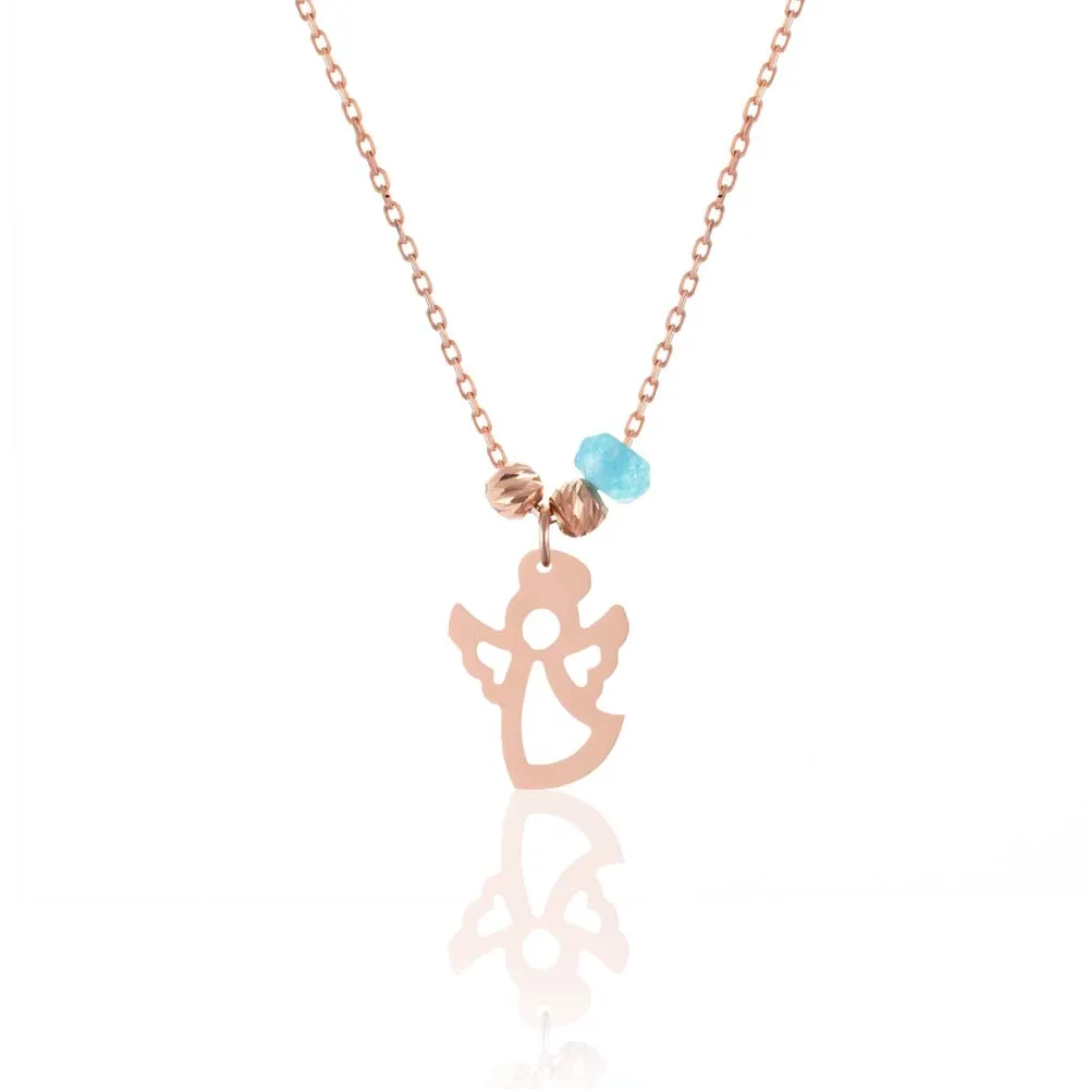 Necklace Jewelry Pendant 925 Sterling Silver Rose Gold Hollow Angel Figure Featuring Aquamarine Stone with 43cm Chain