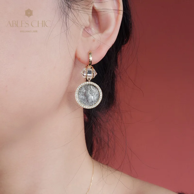 Byzantine 18K Gold Authentic Ancient Silver Coin Drop Earrings Natural Crystal Diamond Halo Flip Lira Medallion Earrings