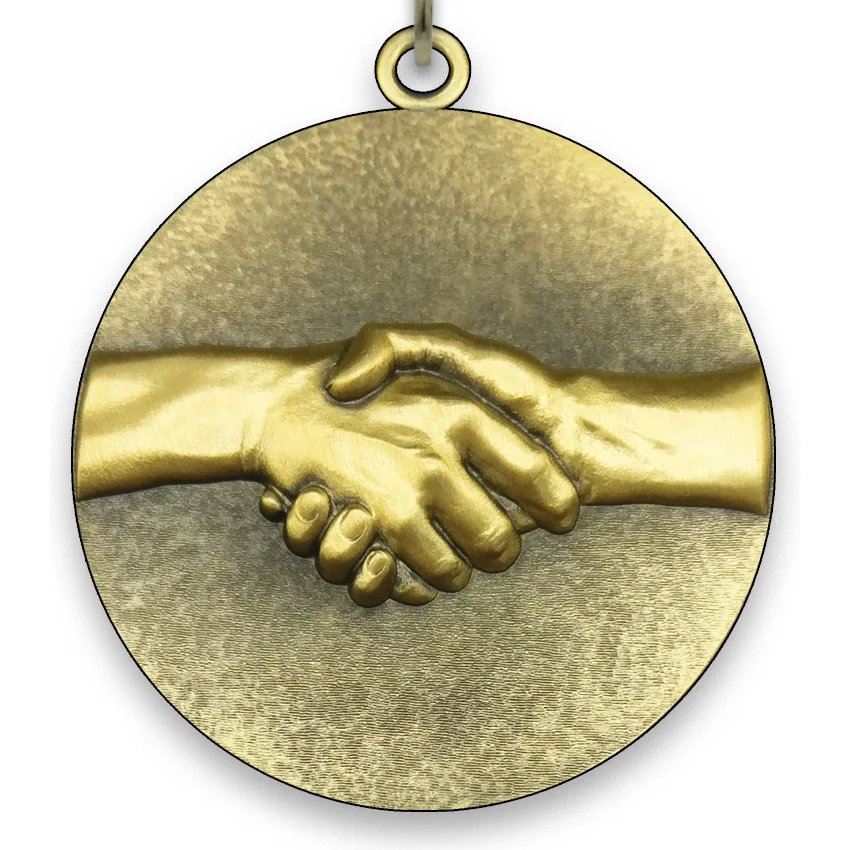 Large Metal - Handshake Medal - Gold - 6,4 cm - with Neck Ribbon size 2.2cm x 80cm - Choice of Ribbon Colours.