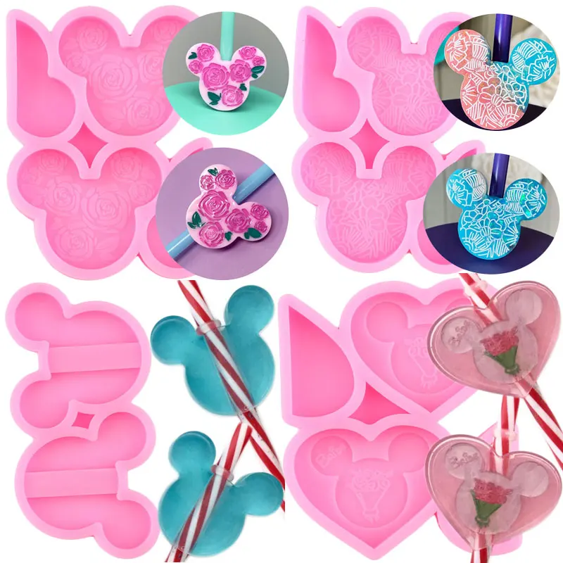 3D Mouse Head Fower Straw Topper Silicone Mold Heart Shape Chocolate Candy Jelly Fondant Molds DIY Party Cake Decorating Tools