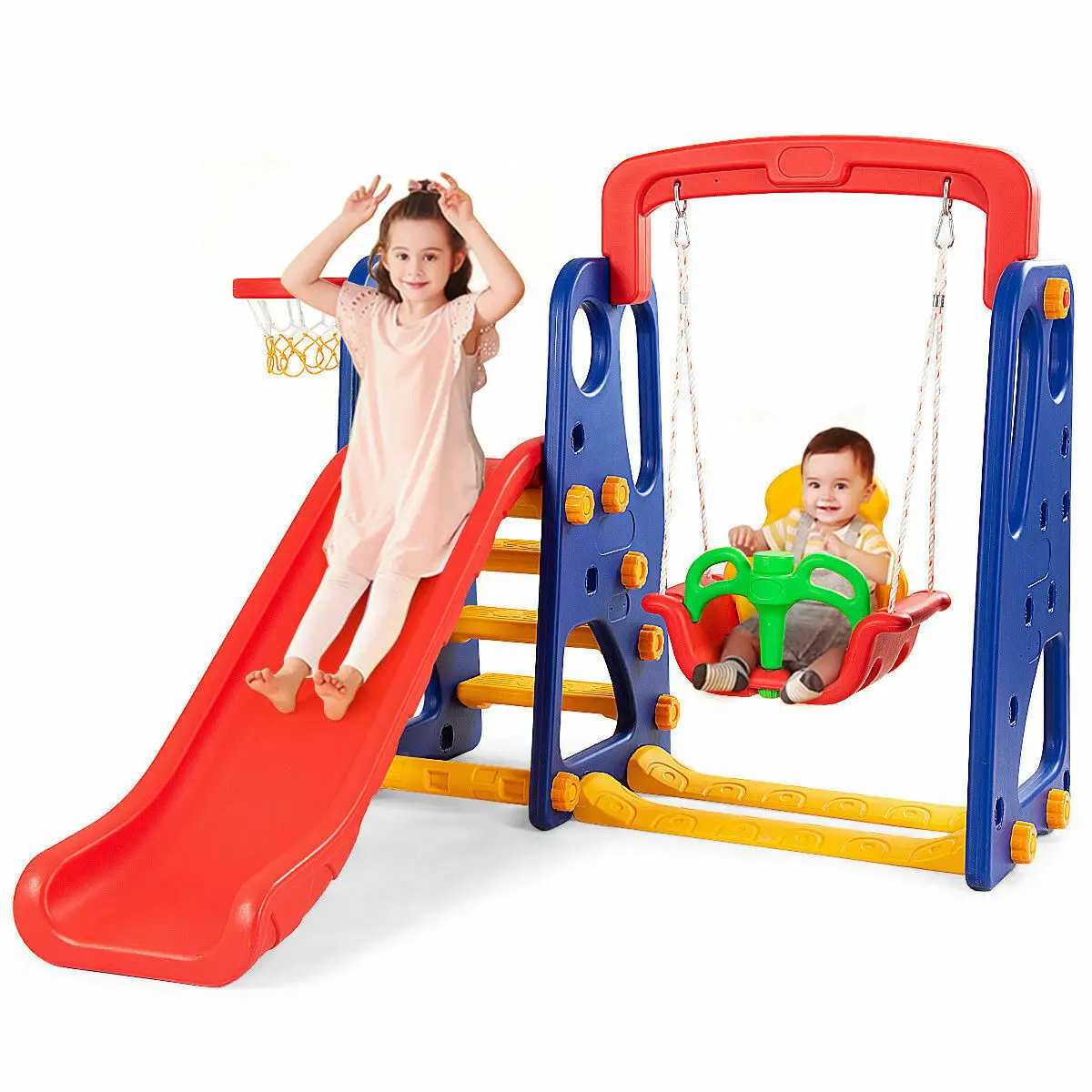 3 in 1 Junior Children Climber Slide Swing Seat Basketball Hoop Playset Backyard  TY325114+