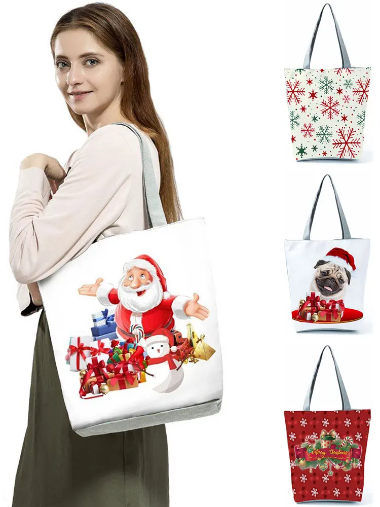 Santa Claus Women's Gift Tree Printed Handbags Christmas Girl Tote High Capacity Eco Reusable Shopping Bag Fashion Shoulder Bag