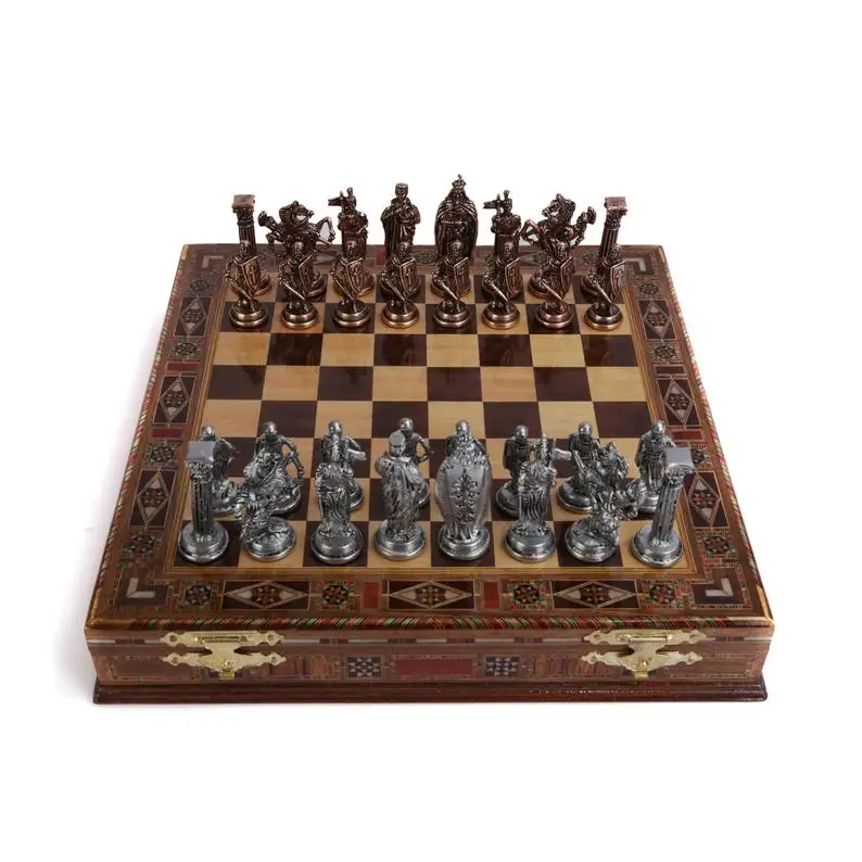 Royal British Army Antique Copper Metal Chess Set,Handmade Pieces,Natural Solid Wooden Chess Board, storage Inside King 8 cm