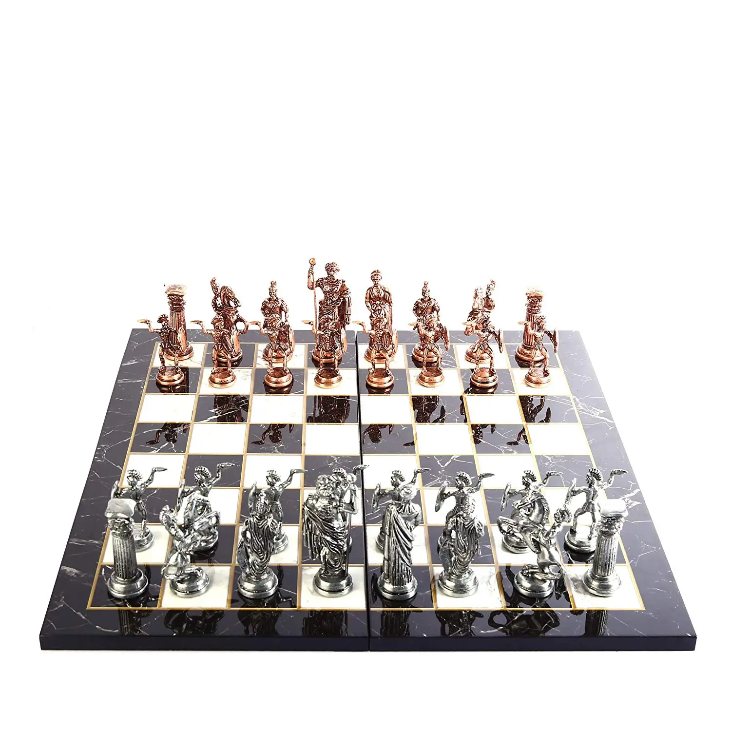 Historical Antique Copper Rome Figures Metal Chess Set for Adult,Handmade Pieces and Marble Design Wood Chess Board King 11 cm